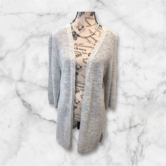 J Jill Wearever CollectionOpen-Front Gray white blue green cardigan open knit - Picture 1 of 6